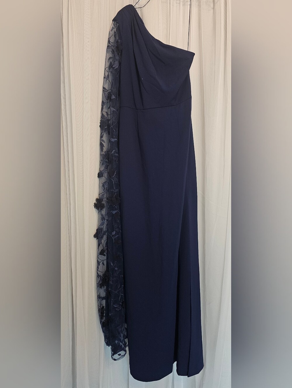Adrianna Papell One-Shoulder Navy Evening Gown with Floral Sheer Cape Size 2 - Picture 3 of 5